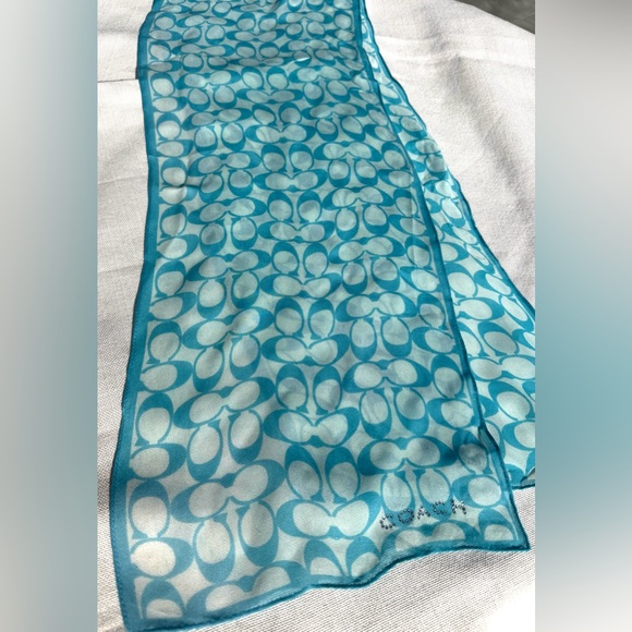COACH Teal Blue Silky Signature C Scarf w/ Crystal ‘COACH’ Logo ~10”x52” - Picture 7 of 8